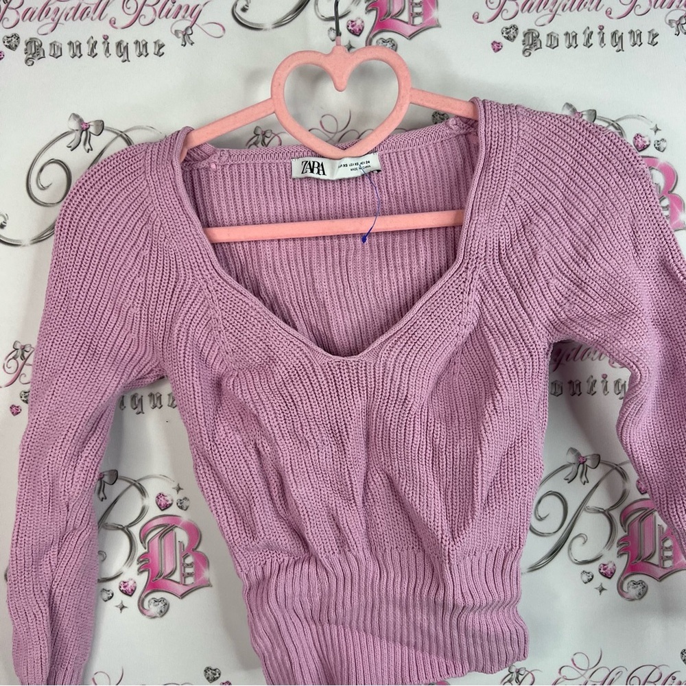 Zara sweater Vneck ribbed knitted purple pink Lilac Knit Sweater long sleeves - Picture 2 of 8